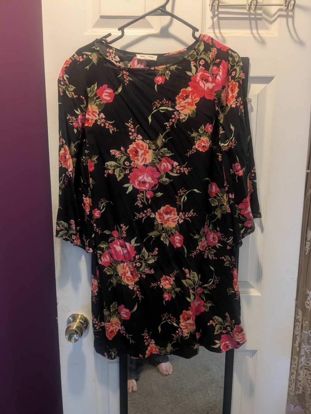 beachlunchlounge Black Floral Long Sleeve Swing Dress with Pink Roses